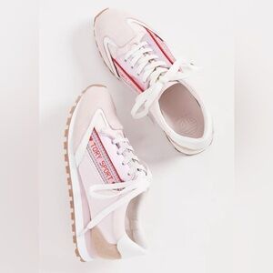 Tory Sport Banner Trainer Sneakers Pink White Leather Canvas 9.5 NIB